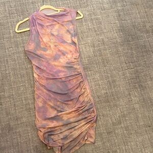 Zara One-Shoulder Ruched Tie-Dye Midi Dress in Purple and Peach
